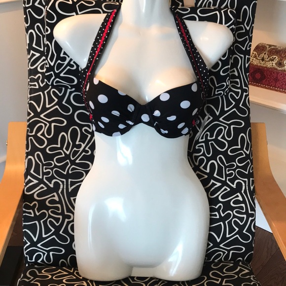 Just listed❤️Black polka dot bikini top w/ red trim on band to tie around neck - Picture 1 of 6